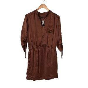 NWT Ann Taylor Coppery Brown 100% Silk Drawstring Sleeve Mini Shirt Dress